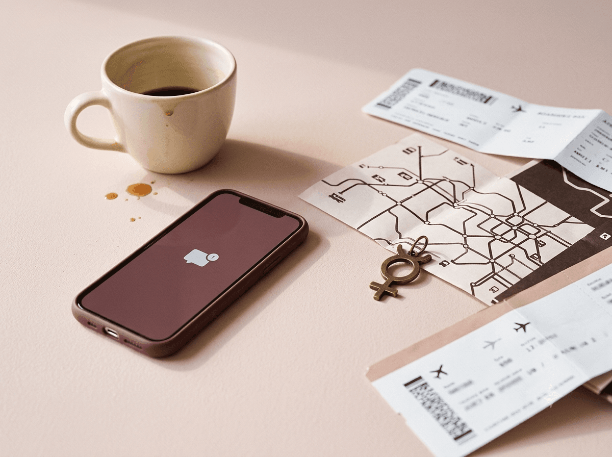Coffee, phone, transit map, and Mercury charm on a pink desk